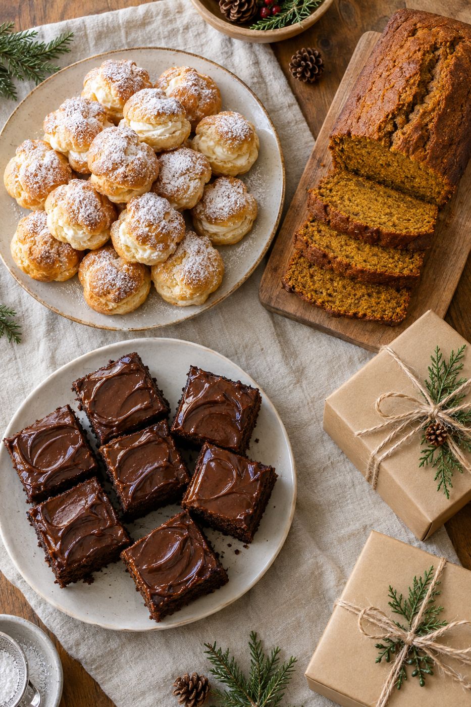 Cream puffs, sliced pumpkin bread, and chocolate sheet cake with kraft gift boxes