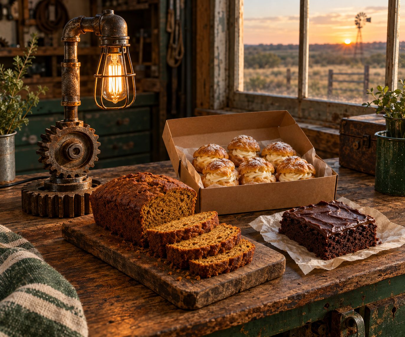 Handmade gear lamp glowing beside boxed cream puffs, pumpkin bread, and chocolate sheet cake on a wooden workshop table