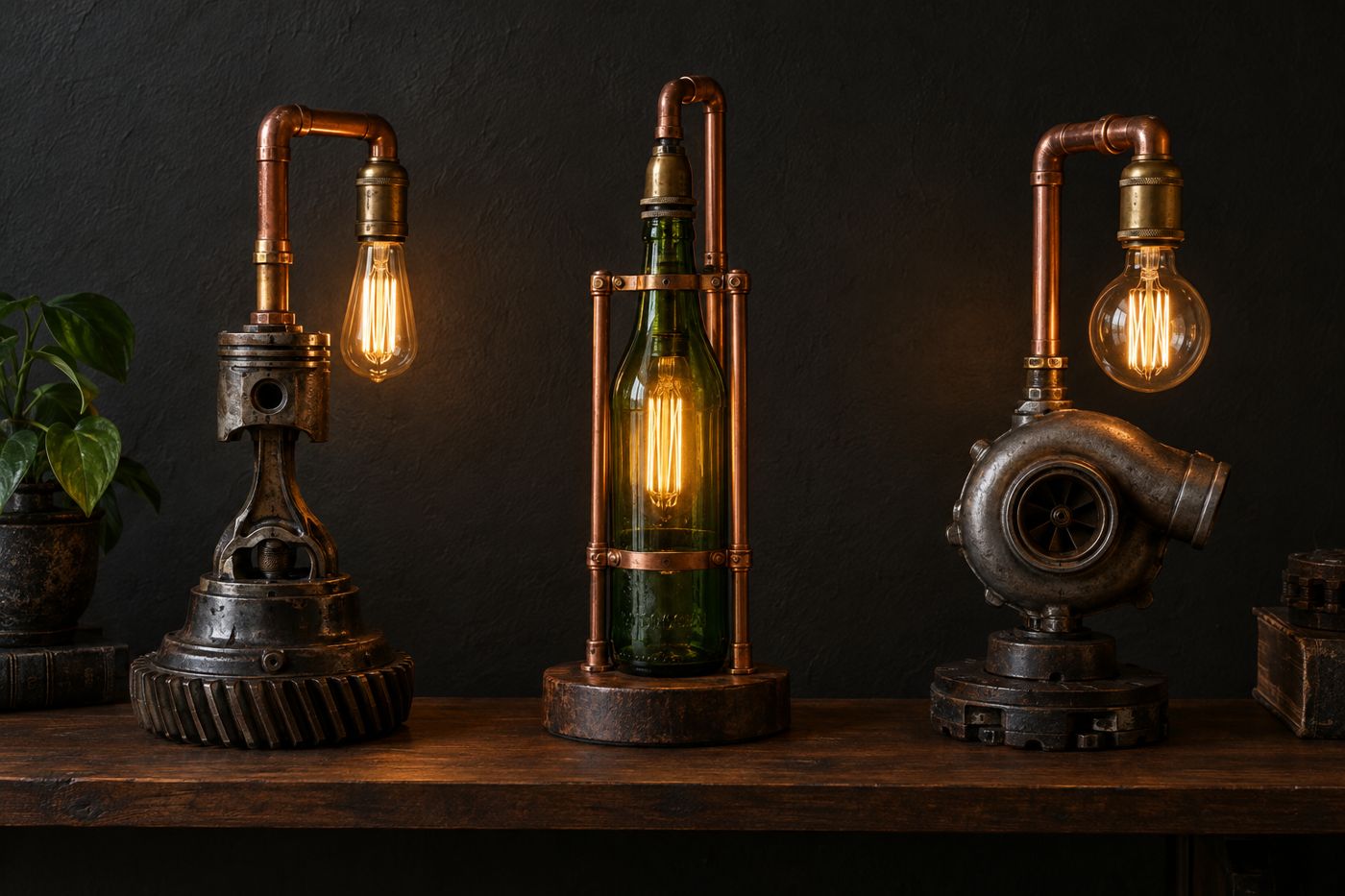 Three handmade lamps from reclaimed car parts, copper pipe, and a glass bottle