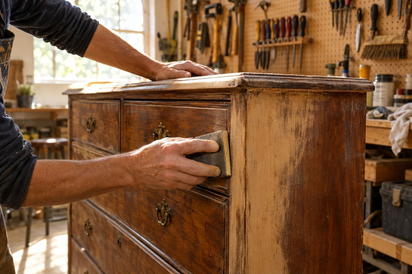 Hands restoring a vintage wooden dresser in a sunlit workshop